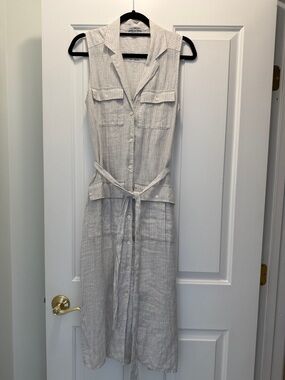 James Perse Sleevless Button-Front LinenShirt Dress in Light Gray Stripe